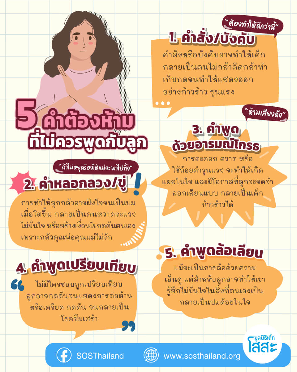 sosthailand-มูลนิธอเด็กโสสะ- 5 คำต้องห้าม ที่ไม่ควรพูดกับลูก - คำสั่ง หลอกลวง พูดเปรียบเทียบ ล้อเลียน อารมณ์โกรธ
